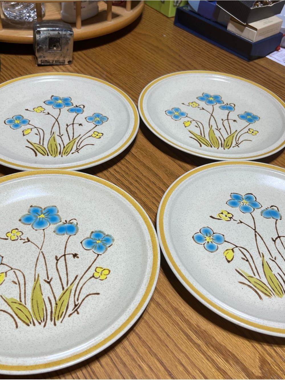 Blue Floral Stoneware Sandwich Plates with Yellow Rim - Set of 4 -8 in